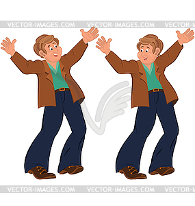 Happy cartoon man standing in blue pants happily - vector image