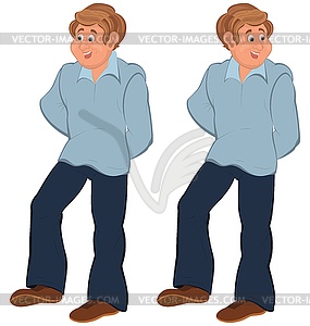 Happy cartoon man standing in blue pants - vector clipart