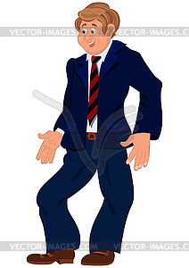 Happy cartoon man standing in blue suit and red - vector clip art