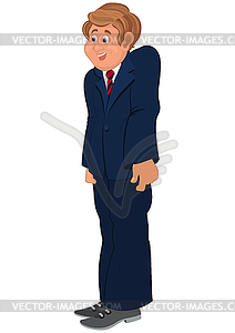 Happy cartoon man standing in blue suit shoulders up - vector image