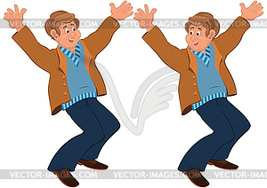 Happy cartoon man standing in brown jacket holding - vector clipart