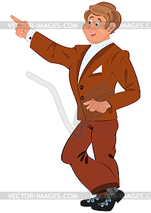 Happy cartoon man standing in brown suit - vector clip art