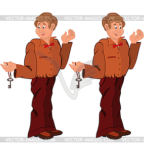 Happy cartoon man standing in brown uniform with key - vector clipart