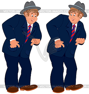 Happy cartoon man standing in gray hat and striped - vector image