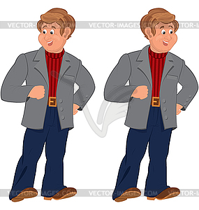 Happy cartoon man standing in gray jacket and - vector image