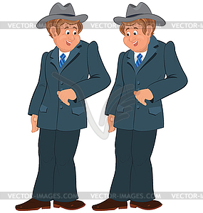 Happy cartoon man standing in gray suite and hat - vector clipart / vector image