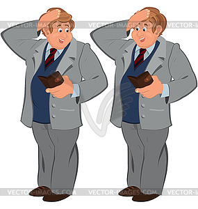 Happy cartoon man standing in gray suite with wallet - vector clipart