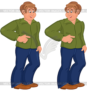 Happy cartoon man standing in green polo shirt and - vector image