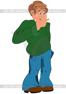 Happy cartoon man standing in green sweater with - vector EPS clipart