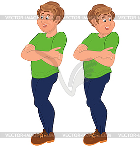 Happy cartoon man standing in green t-shirt with - vector clipart