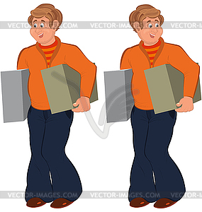 Happy cartoon man standing in orange sweater with - vector clip art