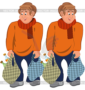 Happy cartoon man standing in orange sweater with - vector image