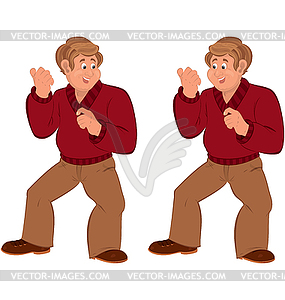 Happy cartoon man standing in red sweater - vector clipart