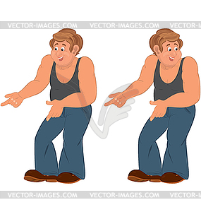 Happy cartoon man standing in sleeveless top and - vector clip art