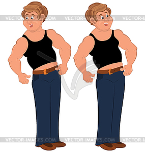 Happy cartoon man standing in sleeveless top - vector image