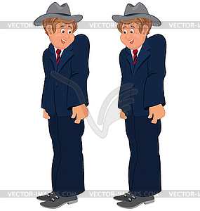 Happy cartoon man standing in striped tie and gray - vector clipart