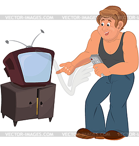 Happy cartoon man standing near TV - royalty-free vector image