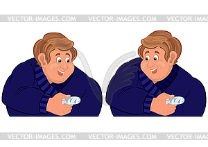 Happy cartoon man torso with injured finger - vector image