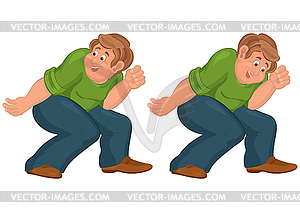 Happy cartoon man walking and holding something - vector image