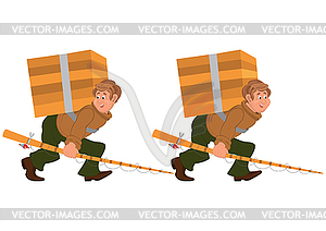 Happy cartoon man walking with fishing rod and big - vector image