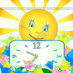 Cheerful background with the sun and the clock - vector image