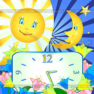 Cheerful background with the moon, the sun and the cloc - vector image