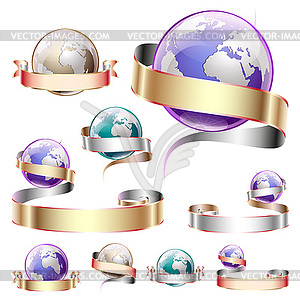 Icons, planets with ribbon - vector clipart