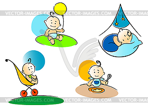 Funny childs playing, sleeping and eating - vector clip art