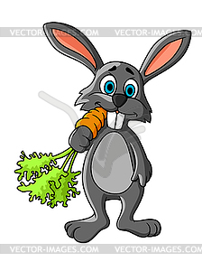 Funny cartoon grey rabbit eating fresh carrot - royalty-free vector clipart