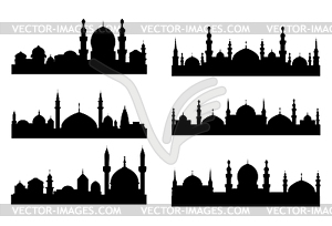 Six black silhouettes of Arabian cityscapes - vector clipart