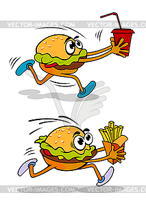 Running takeaway cartoon burger - vector clipart