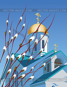 Православная церковь и ивы - векторный эскиз