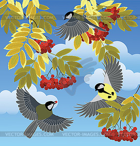 Tits fly among the branches - vector clip art