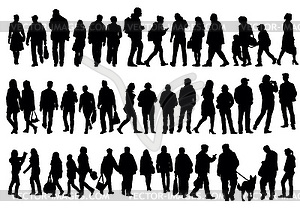 Silhouettes of people walking on street - vector clip art