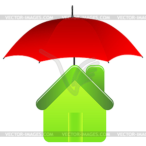 Green house under red umbrella. Insurance concept - vector image