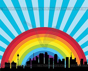 City, rainbow and clouds in sky - vector image