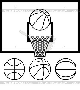 Collection of basketballs and backboard - vector image