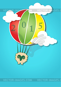 Hot air balloon in sky and Happy New Year Sheep 201 - vector image