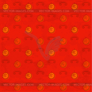 Red grungy pattern with Christmas baubles - vector image