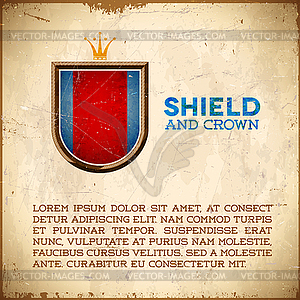 Aged card with shield label with crown - vector image