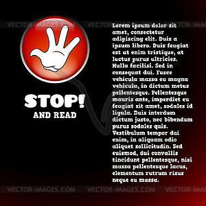 Card with cartoon stop hand on button - vector clipart