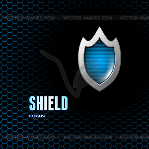 Card with steel glossy lightened shield - vector clip art