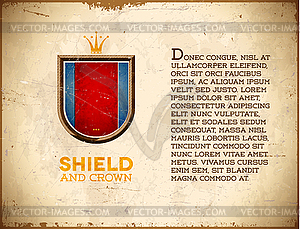 Aged card with shield label with crown - vector clipart / vector image
