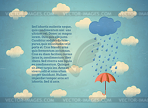 Aged card with rainy cloud and umbrella - vector image