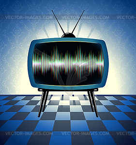 Retro tv receiver in dark room - vector image