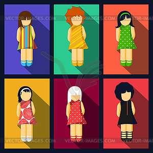 Набор девушки плоские иконки с красочных платьях - векторный рисунок