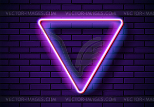 Neon frame with triangle shape on blue brick wall. - vector image