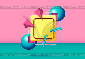 Abstract 90s styled frame with flying 3d objects an - vector image