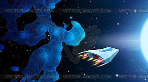 Arcade space ship flying to cave gateway in blue - vector image