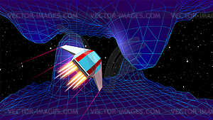 Arcade space ship flying to cave gateway in blue - vector clip art